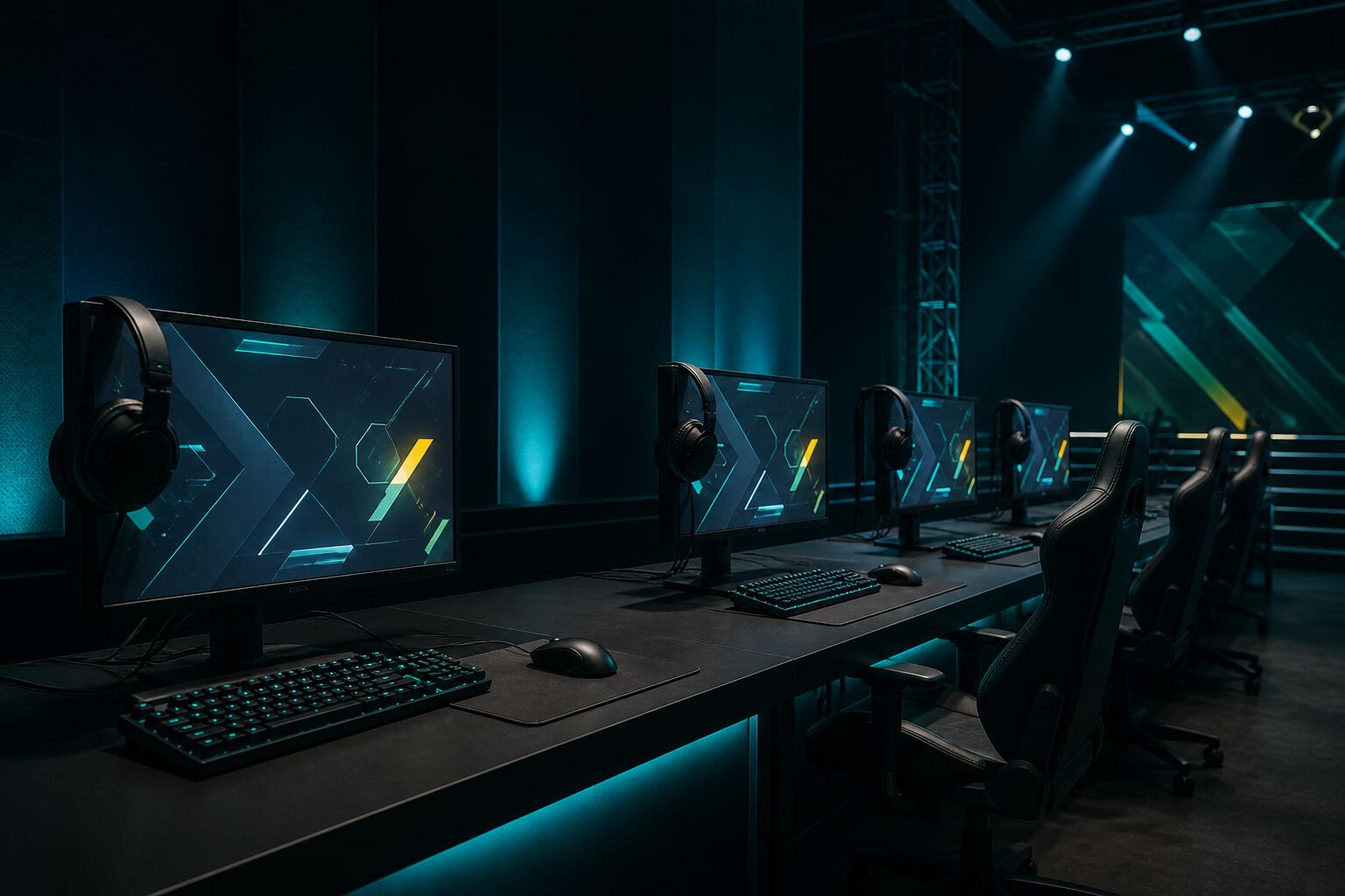 Üres e-sport versenyasztalok hideg fényben